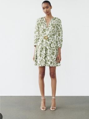 Zara Floral Green & White Belted Mini Dress